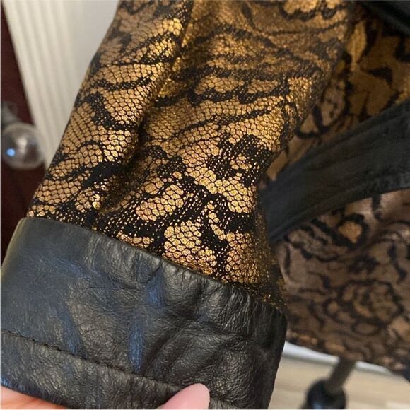 All genuine leather lace print gold/black belted jacket, M - Picture 3 of 8